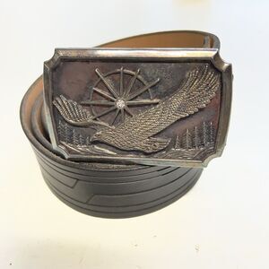 Black Leather Belt Geometric Cast Metal Buckle w Eagle Sz 38 Western Nature